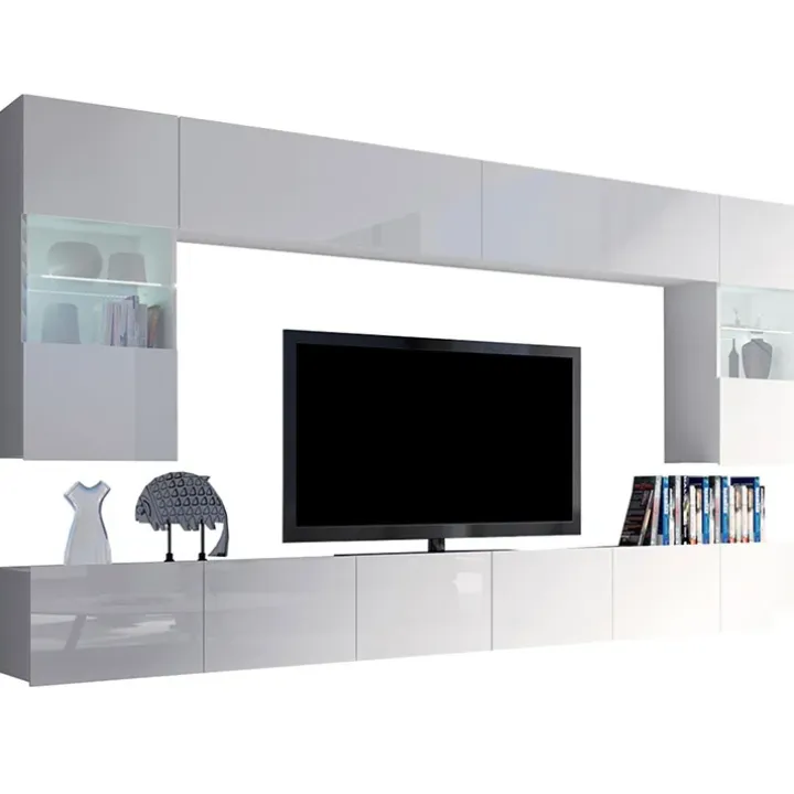 Parete attrezzata sospesa 300x185h cm porta tv con vetrine bianco lucido Mons