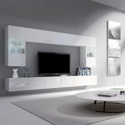 Parete attrezzata sospesa 300x185h cm porta tv con vetrine bianco lucido Mons