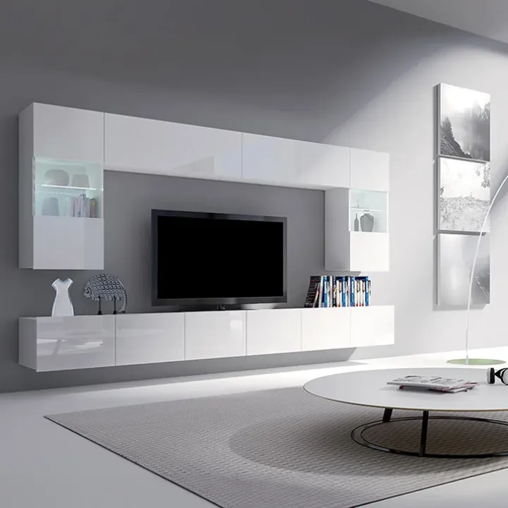 Parete attrezzata sospesa 300x185h cm porta tv con vetrine bianco lucido Mons