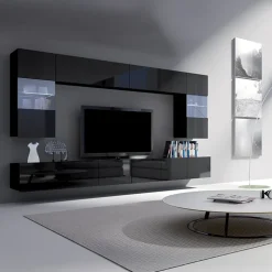 Parete attrezzata sospesa 300x185h cm porta tv con vetrine nero lucido Mons