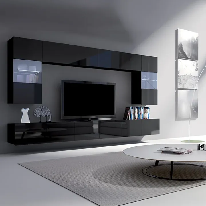 Parete attrezzata sospesa 300x185h cm porta tv con vetrine nero lucido Mons