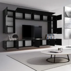Parete attrezzata sospesa 300x185h cm porta tv con vetrine nero lucido Mons
