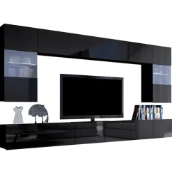 Parete attrezzata sospesa 300x185h cm porta tv con vetrine nero lucido Mons