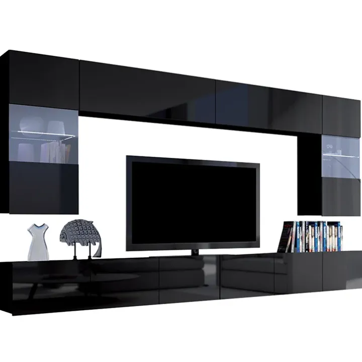 Parete attrezzata sospesa 300x185h cm porta tv con vetrine nero lucido Mons