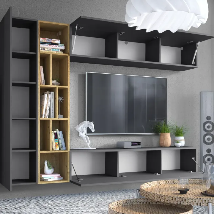 Parete attrezzata sospesa 224x160h cm moderna antracite rovere Artemisia