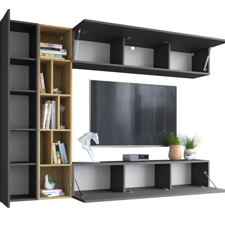 Parete attrezzata sospesa 224x160h cm moderna antracite rovere Artemisia