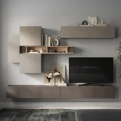 Parete attrezzata sospesa 276x190h cm moderna marrone tortora rovere Sunset 44