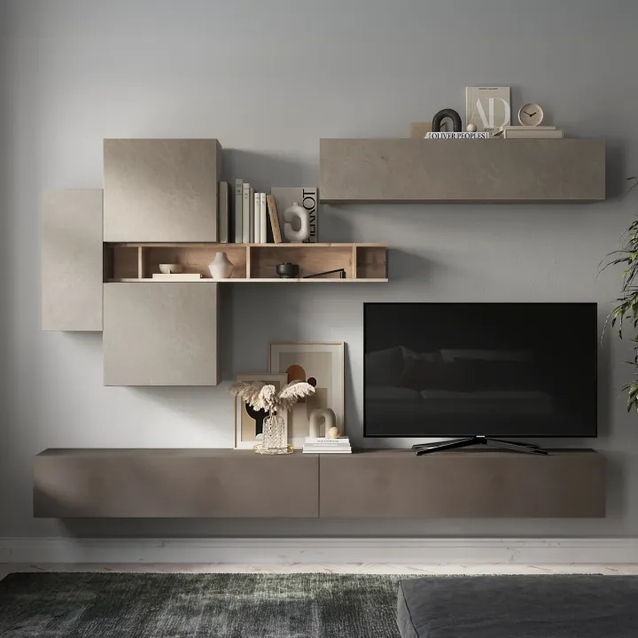Parete attrezzata sospesa 276x190h cm moderna marrone tortora rovere Sunset 44