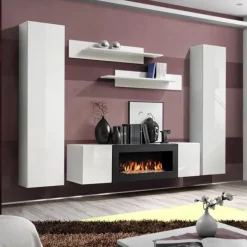 Parete attrezzata sospesa 260x170h cm con biocamino bianco Ignis 5 Gihome®