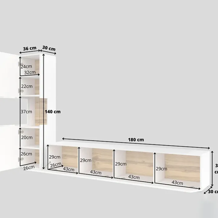 Parete attrezzata sospesa 226x140h cm bianco rovere Fusion 1