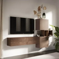 Parete attrezzata sospesa 220x130h cm moderna marrone bronzo rovere Sunset 53