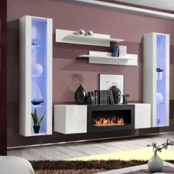 Parete attrezzata sospesa 260x170h cm con biocamino e vetrine bianco lucido Ignis 7 Gihome®