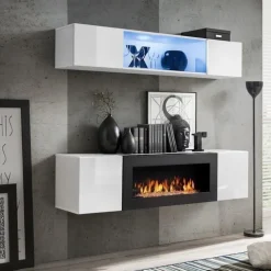 Parete attrezzata sospesa 160x150h cm con biocamino e vetrinetta bianco Ignis 3 Gihome®