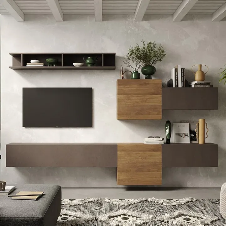 Parete attrezzata sospesa 262x190h cm rovere marrone bronzo Sunset 22