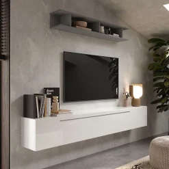 Parete attrezzata sospesa 210x180h cm moderna grigio bianco lucido Sunset 48