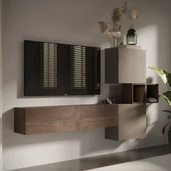 Parete attrezzata sospesa 220x130h cm moderna tortora rovere Sunset 53