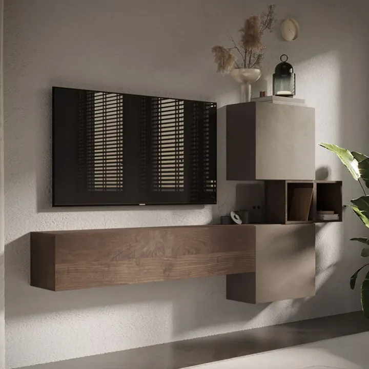 Parete attrezzata sospesa 220x130h cm moderna tortora rovere Sunset 53