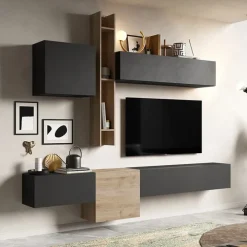 Parete attrezzata sospesa 262x220h cm rovere chiaro ossido nero Sunset 12