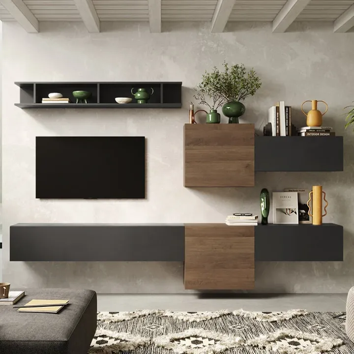 Parete attrezzata sospesa 262x190h cm rovere scuro ossido nero Sunset 22