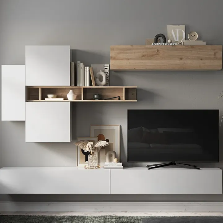 Parete attrezzata sospesa 276x190h cm moderna bianco lucido rovere chiaro Sunset 44