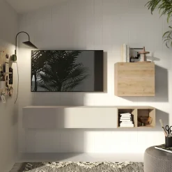 Parete attrezzata sospesa 194x160h cm moderna beige rovere chiaro Sunset 67