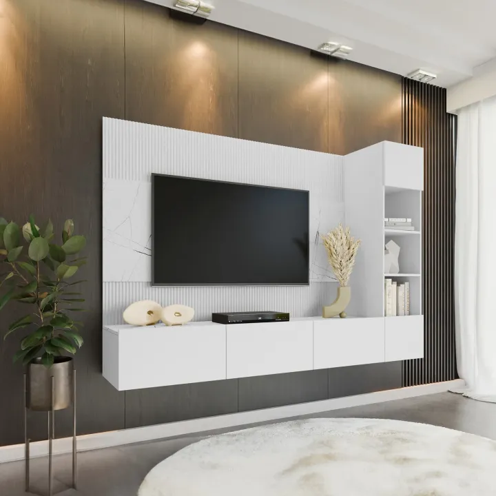 Parete attrezzata sospesa 220x150h cm con colonna bianco cannettato effetto marmo Ilaria