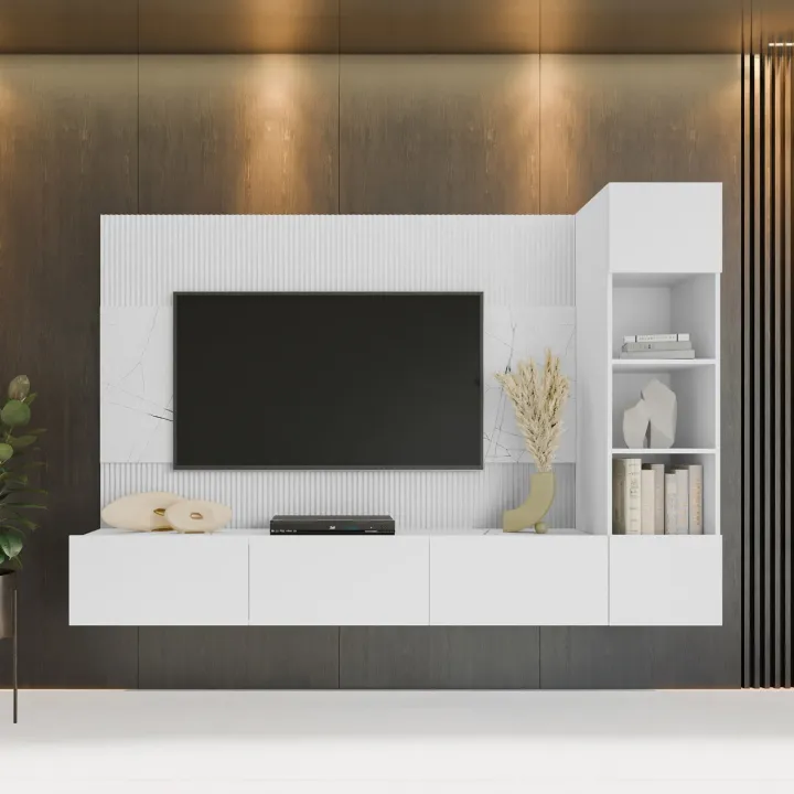 Parete attrezzata sospesa 220x150h cm con colonna bianco cannettato effetto marmo Ilaria
