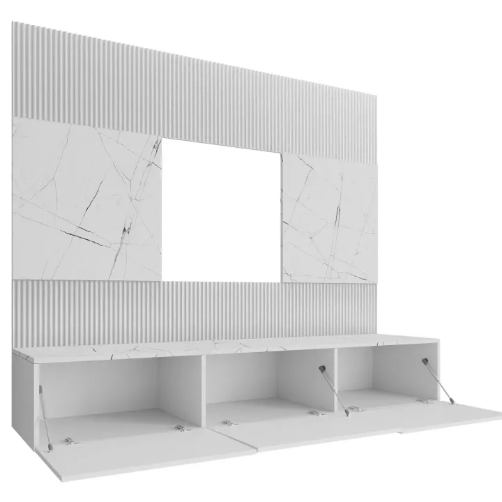 Parete attrezzata sospesa 220x150h cm con colonna bianco cannettato effetto marmo Ilaria