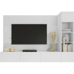 Parete attrezzata sospesa 220x150h cm con colonna bianco cannettato effetto marmo Ilaria