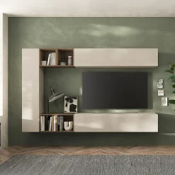 Parete attrezzata sospesa 223x195h cm moderna beige rovere scuro Sunset 83