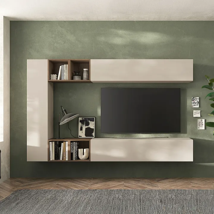 Parete attrezzata sospesa 223x195h cm moderna beige rovere scuro Sunset 83