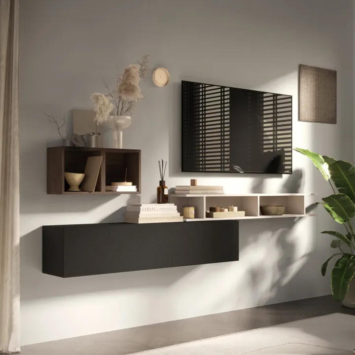 Parete attrezzata sospesa 190x120h cm moderna beige rovere scuro ossido Sunset 87