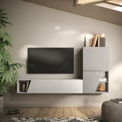 Parete attrezzata sospesa 193x150h cm moderna grigio chiaro e scuro Sunset 94