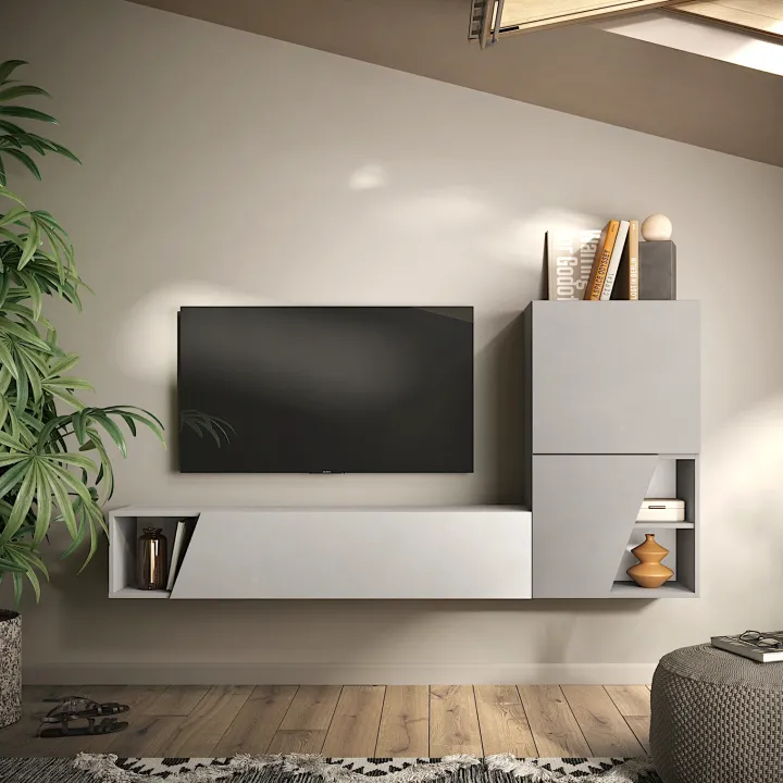 Parete attrezzata sospesa 193x150h cm moderna grigio chiaro e scuro Sunset 94
