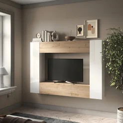 Parete attrezzata sospesa 196x180h cm moderna bianco lucido rovere chiaro Sunset 97