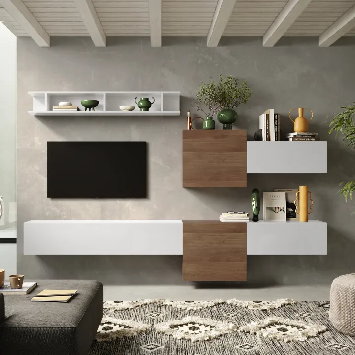 Parete attrezzata sospesa 262x185h cm bianco lucido rovere scuro Sunset 22