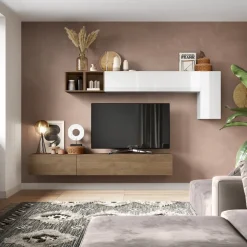 Parete attrezzata sospesa 276x180h cm bianco lucido rovere scuro Sunset 41