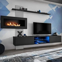 Parete attrezzata sospesa 250x170h cm con camino bioetanolo nero grigio Giotto