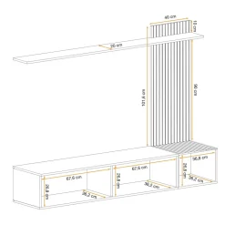 Parete attrezzata sospesa 180x132h cm cannettato nero opaco e rovere Zyra