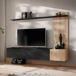 Parete attrezzata sospesa 180x132h cm cannettato nero opaco e rovere Zyra