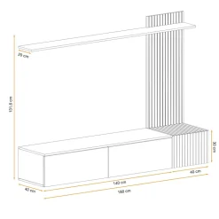 Parete attrezzata sospesa 180x132h cm cannettato nero opaco e rovere Zyra