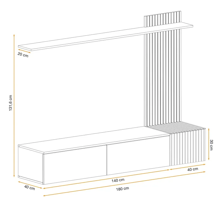 Parete attrezzata sospesa 180x132h cm cannettato nero opaco e rovere Zyra