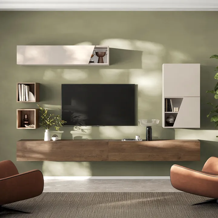 Parete attrezzata sospesa 276x210h cm moderna beige rovere scuro Sunset 75