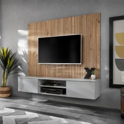 Parete attrezzata sospesa 160x120h cm pannello effetto cannettato grigio perla rovere Luvox