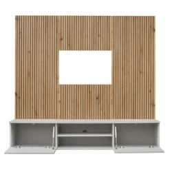 Parete attrezzata sospesa 160x120h cm pannello effetto cannettato grigio perla rovere Luvox