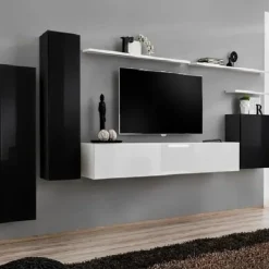Parete attrezzata sospesa 330x160h cm moderna bianco e nero lucido Geo 01