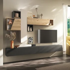 Parete attrezzata sospesa 276x210h cm moderna beige ossido rovere chiaro Sunset 79