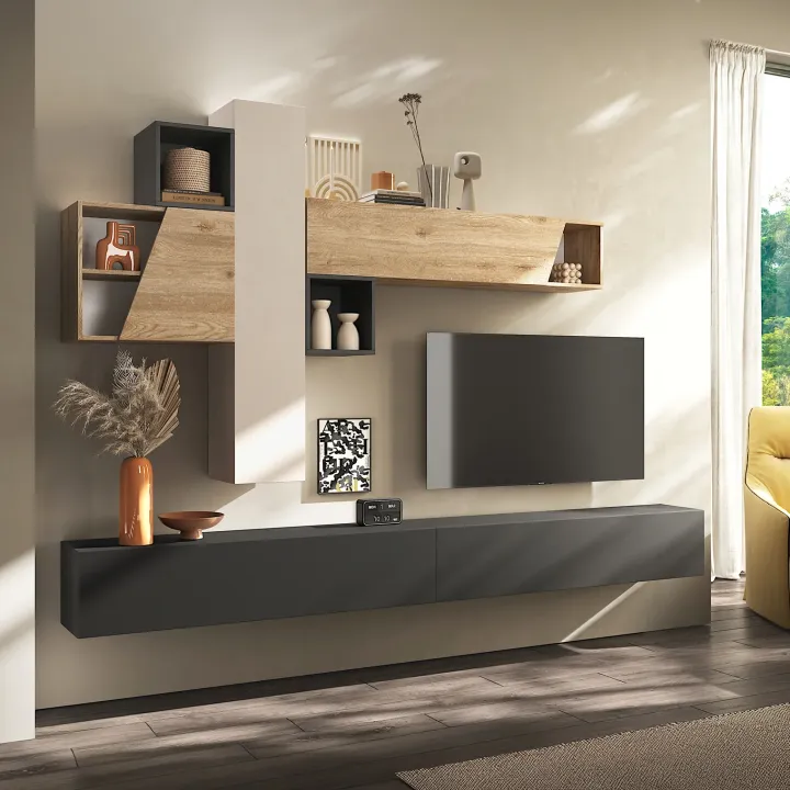 Parete attrezzata sospesa 276x210h cm moderna beige ossido rovere chiaro Sunset 79