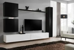 Parete attrezzata sospesa 280x180h cm moderna bianco e nero lucido Geo 07