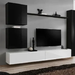 Parete attrezzata sospesa 280x180h cm moderna bianco e nero lucido Geo 07